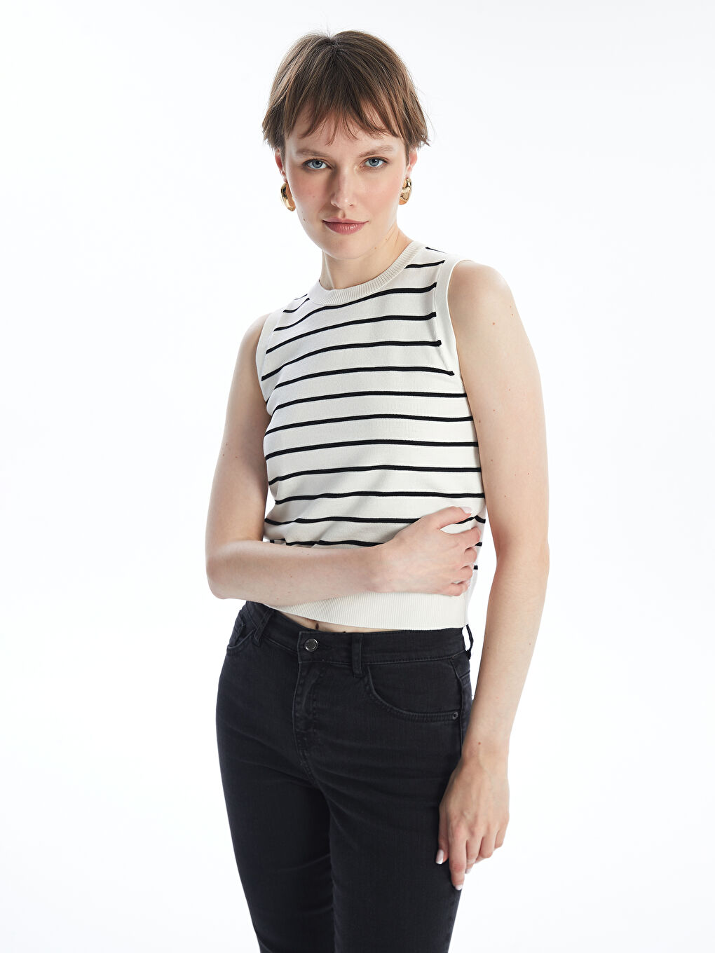 Crew Neck Striped Women's Knitwear Tank Top -W48199Z8-LFC