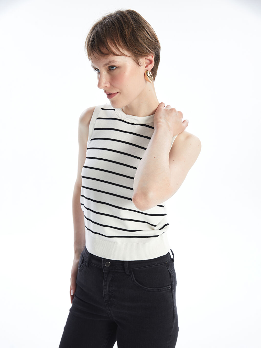Crew Neck Striped Women's Knitwear Tank Top -W48199Z8-LFC