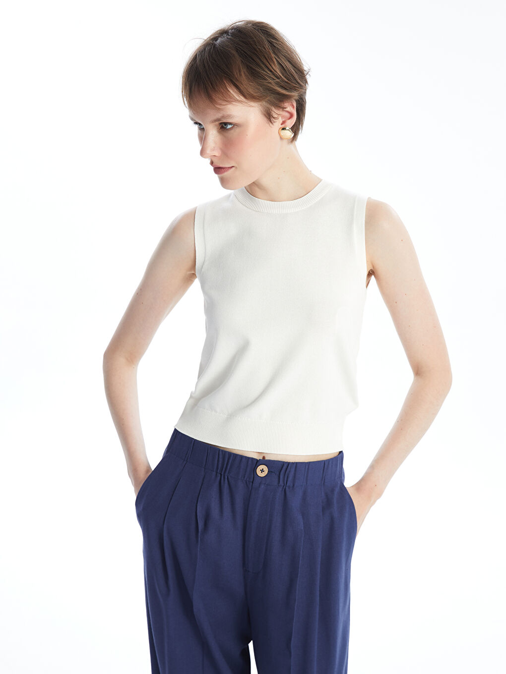 Women's Crew Neck Plain Knit Sweater -W48201Z8-R9J