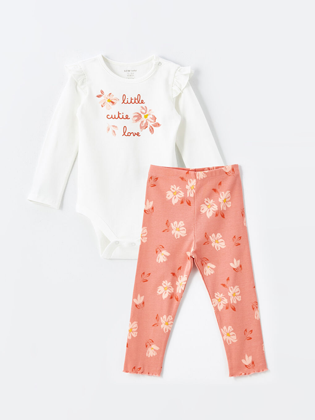 Ekru Bisiklet Yaka Kısa Kollu Kız Bebek Çıtçıtlı Body ve Tayt  2'li Takım