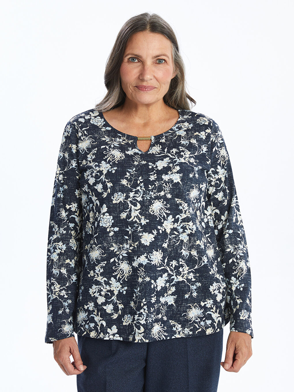 Lacivert Bisiklet Yaka Desenli Kadın Bluz