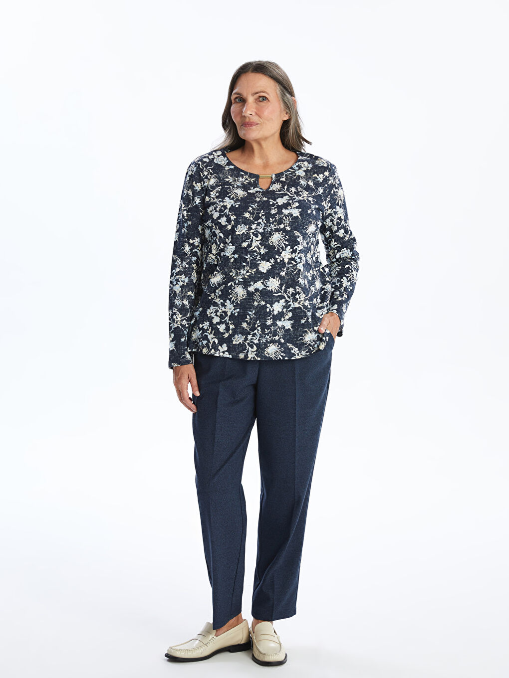 Lacivert Bisiklet Yaka Desenli Kadın Bluz-1