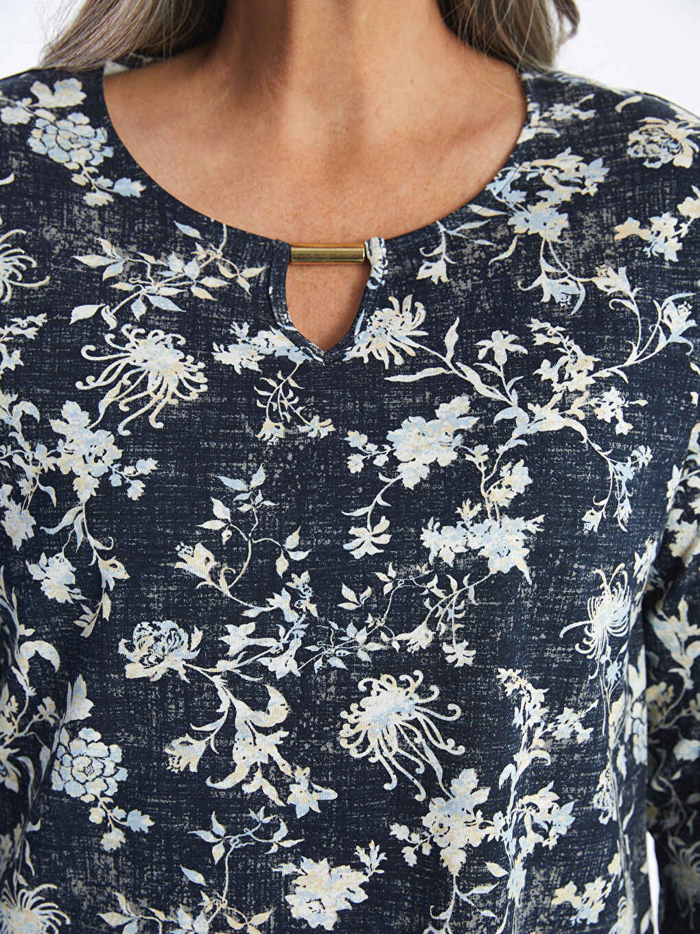 Lacivert Bisiklet Yaka Desenli Kadın Bluz-2