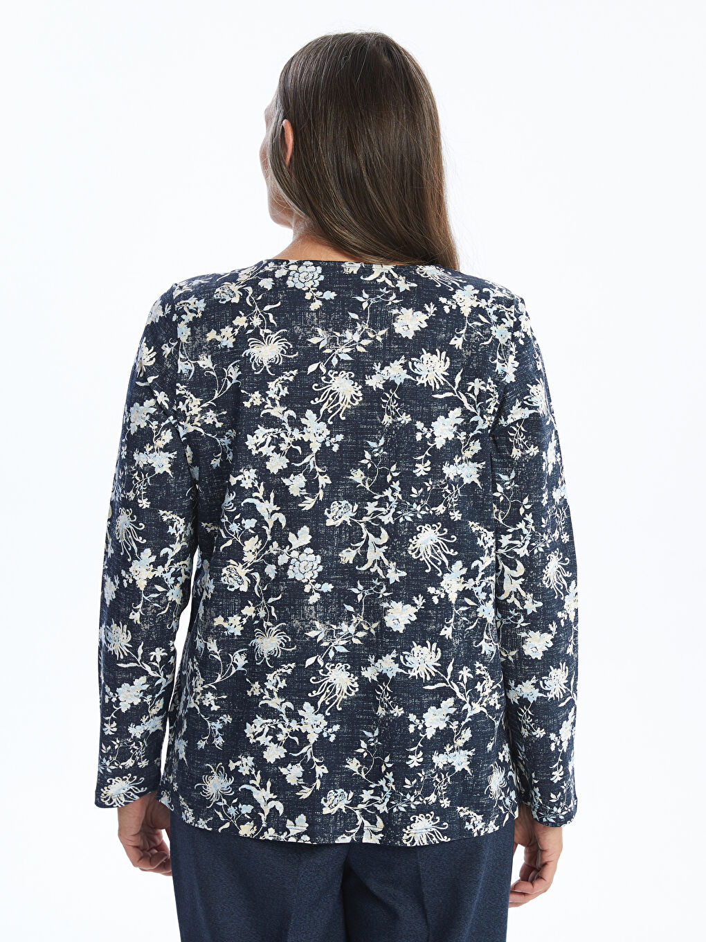 Lacivert Bisiklet Yaka Desenli Kadın Bluz-3