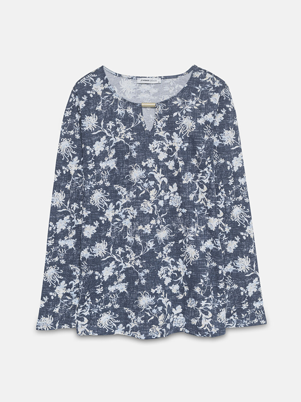 Lacivert Bisiklet Yaka Desenli Kadın Bluz-4