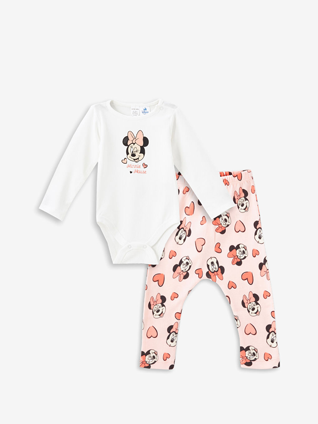 LCW baby Ekru Bisiklet Yaka Uzun Kollu Minnie Mouse Baskılı Kız Bebek Çıtçıtlı Body ve Pantolon 2'li Takım