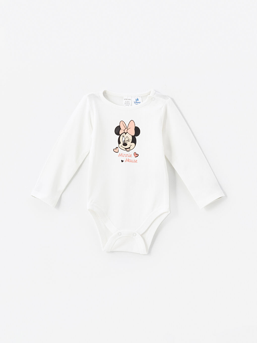 LCW baby Ekru Bisiklet Yaka Uzun Kollu Minnie Mouse Baskılı Kız Bebek Çıtçıtlı Body ve Pantolon 2'li Takım - 1