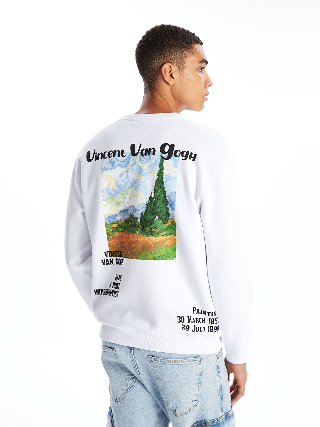 LCW Casual Buxe Beyazı Bisiklet Yaka Uzun Kollu Van Gogh Baskılı Erkek Sweatshirt