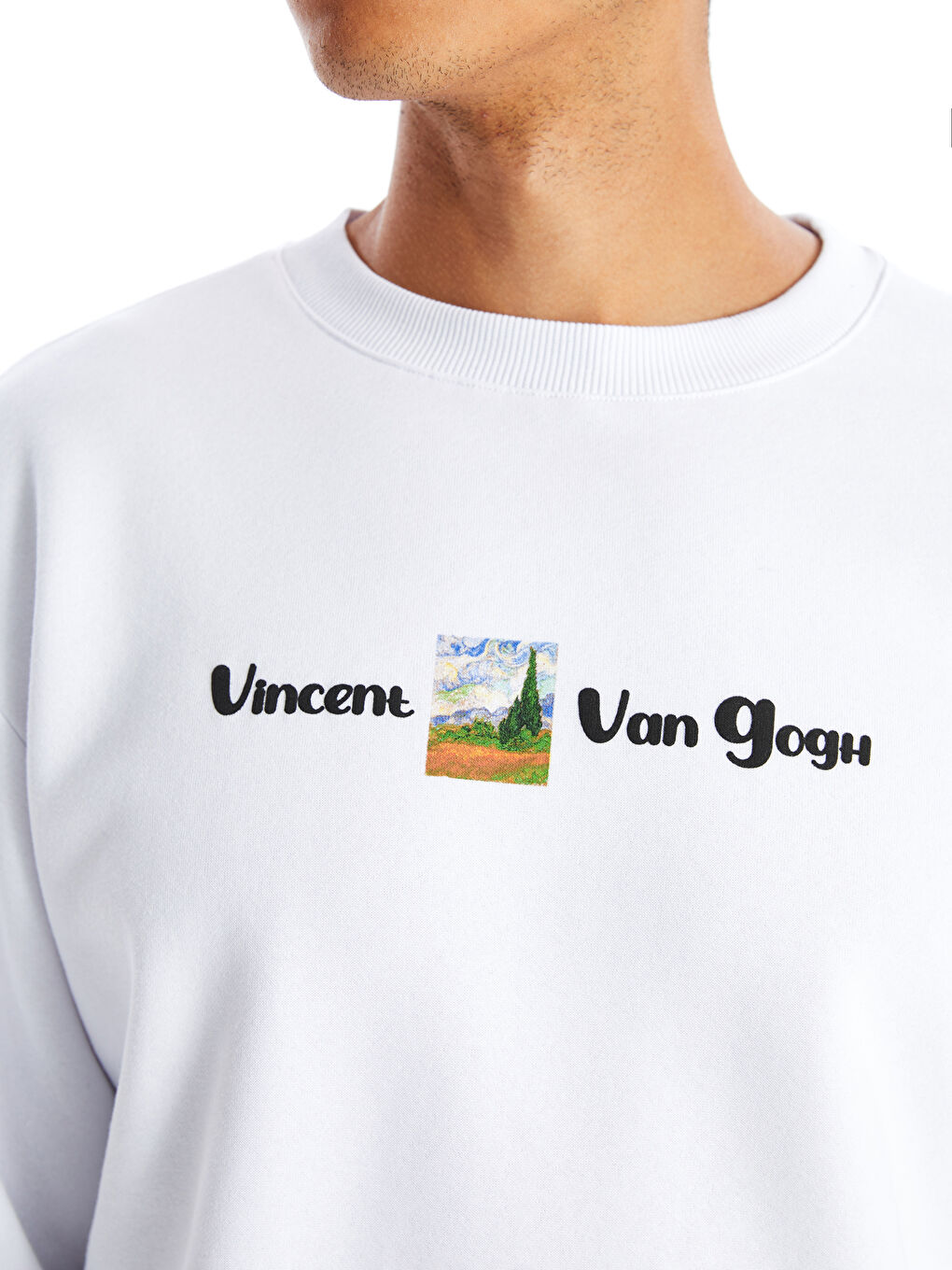 LCW Casual Buxe Beyazı Bisiklet Yaka Uzun Kollu Van Gogh Baskılı Erkek Sweatshirt - 2