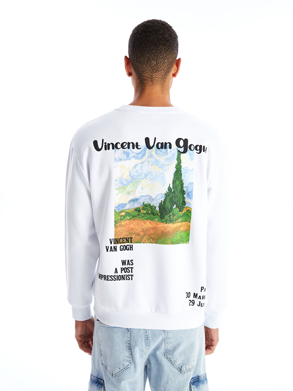 LCW Casual Buxe Beyazı Bisiklet Yaka Uzun Kollu Van Gogh Baskılı Erkek Sweatshirt - 3