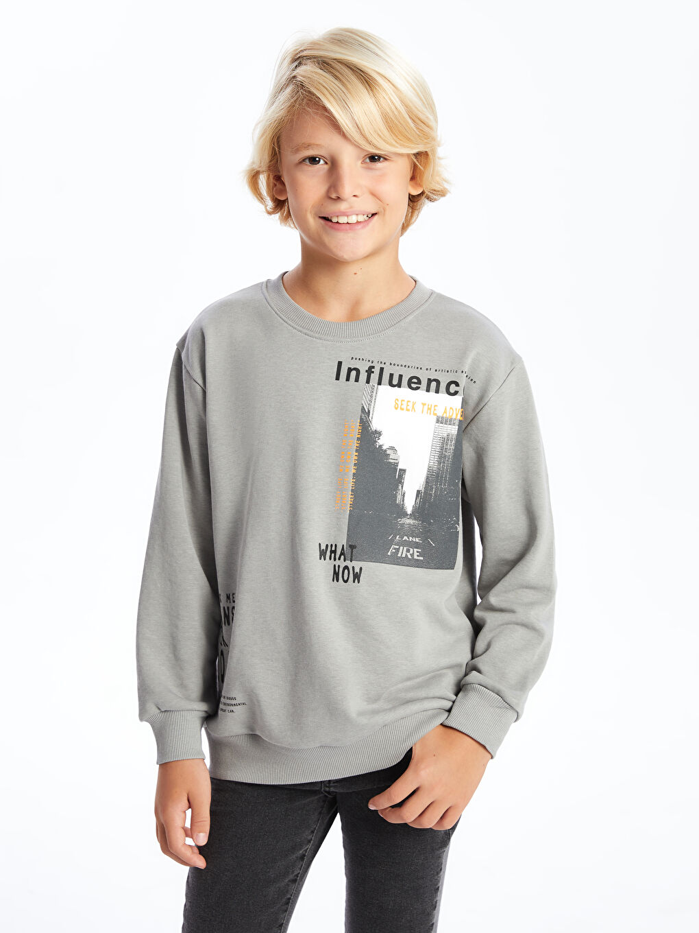 LCW Kids Gri Bisiklet Yaka Erkek Çocuk Sweatshirt