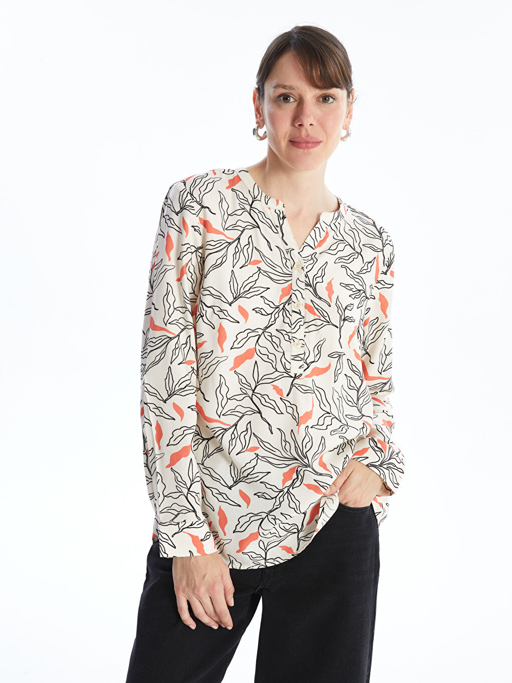 LCW Grace Notch Neck Patterned Long Sleeve Women's Blouse -W48373Z8-LQB