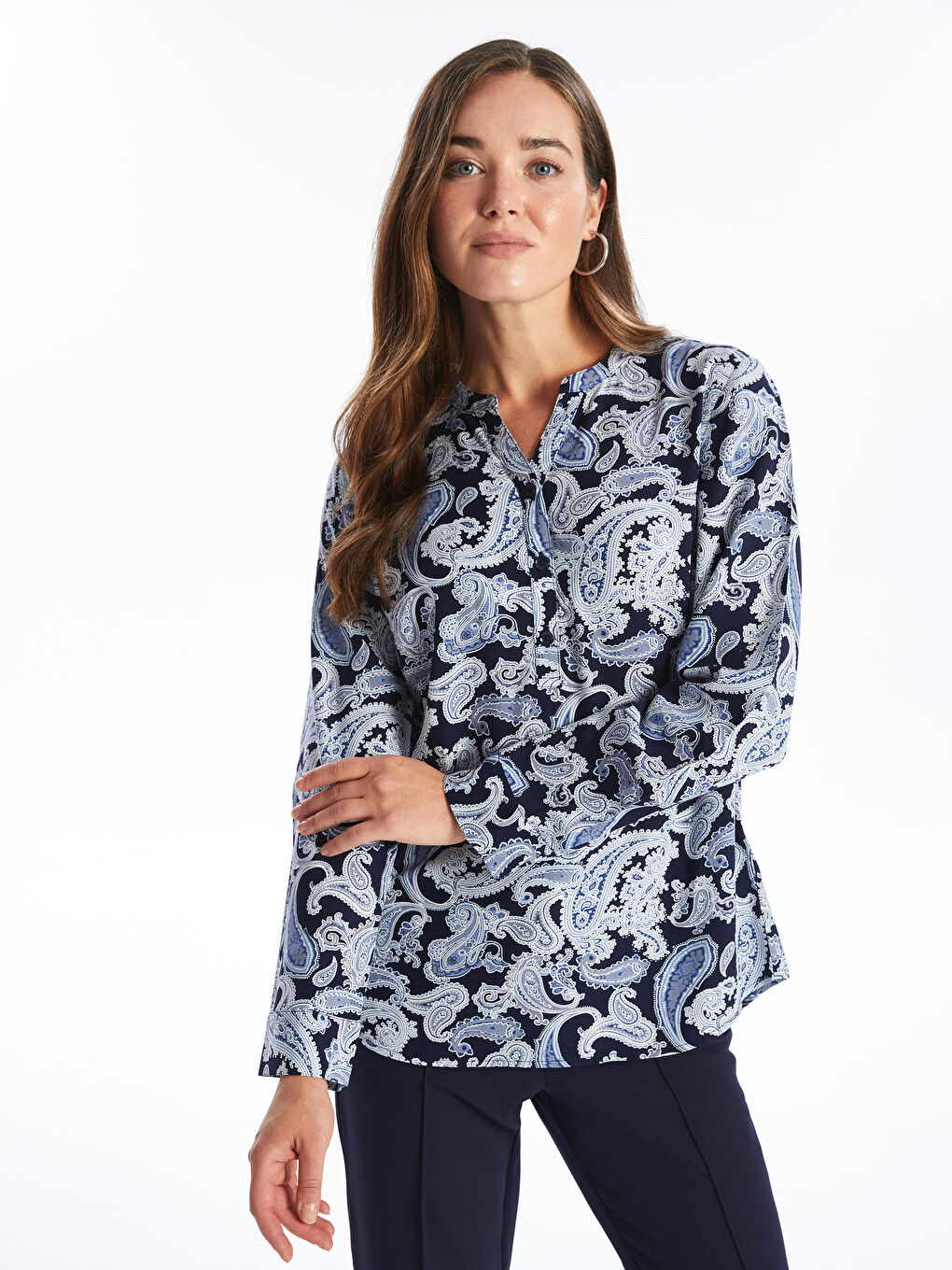 LCW Grace Kerbausschnitt Gemusterte Langarm Damenbluse -W48373Z8-LSJ