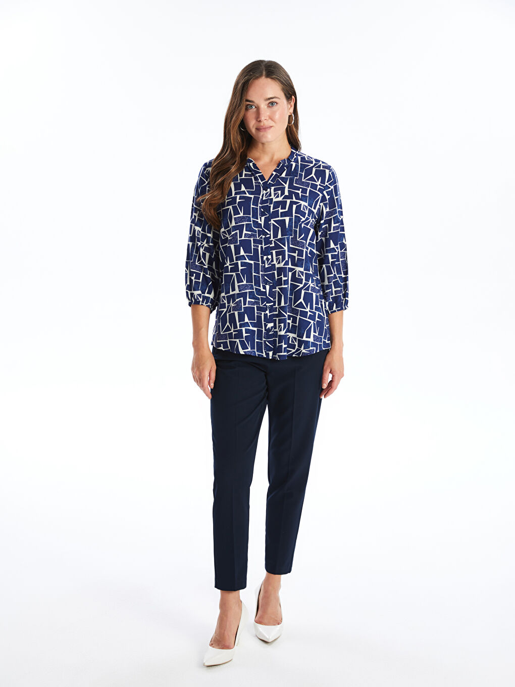Notch Neck Patterned Women's Blouse-1