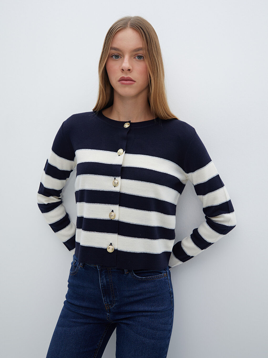 Crew Neck Color Block Women's Knitwear Cardigan