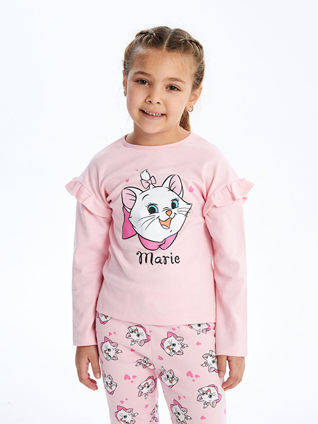 LCW baby Açık Pembe Bisiklet Yaka Uzun Kollu Mary Cat Baskılı Kız Bebek Pijama Takımı - 1