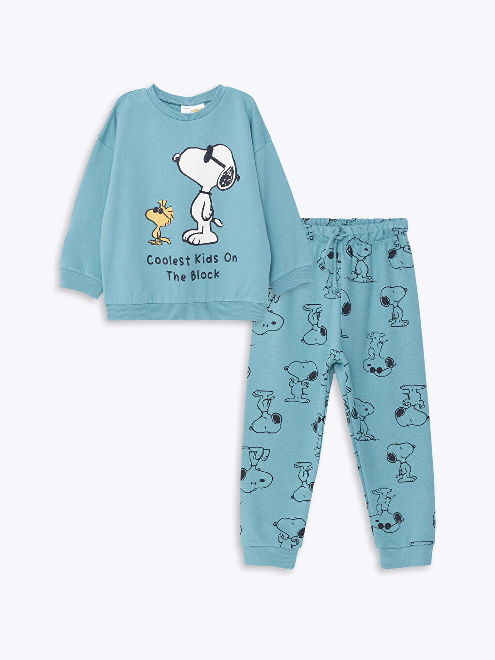 LCW Kids Mat Yeşil Bisiklet Yaka Snoopy Baskılı Erkek Çocuk Sweatshirt ve Eşofman Alt 2'li Takım