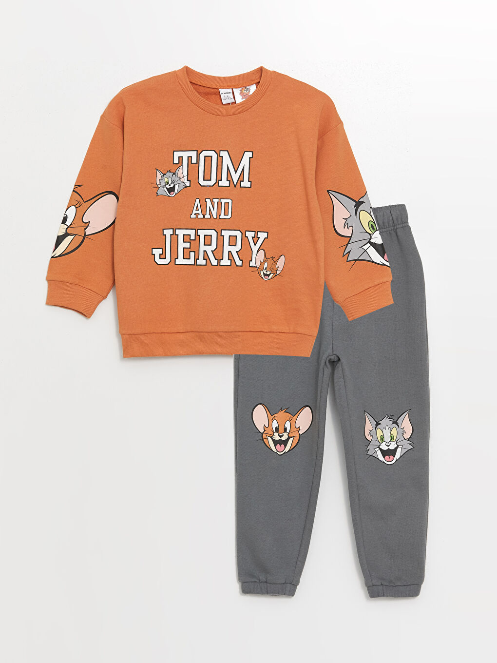 LCW Kids Mat Turuncu Bisiklet Yaka Tom ve Jerry Baskılı Erkek Çocuk Sweatshirt ve Eşofman Alt 2'li Takım