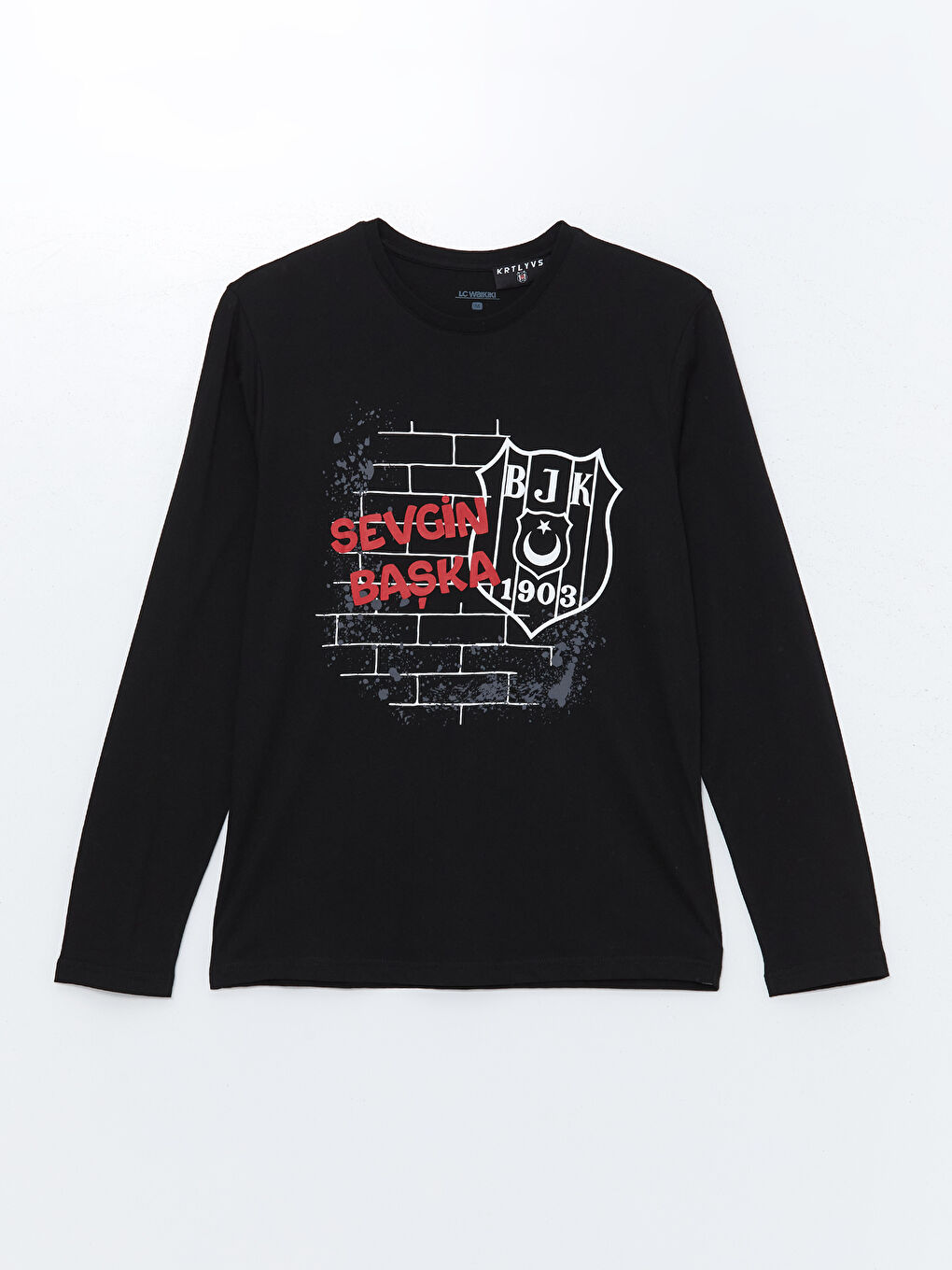 Siyah Bisiklet Yaka Uzun Kollu Beşiktaş Baskılı Erkek Pijama Üst