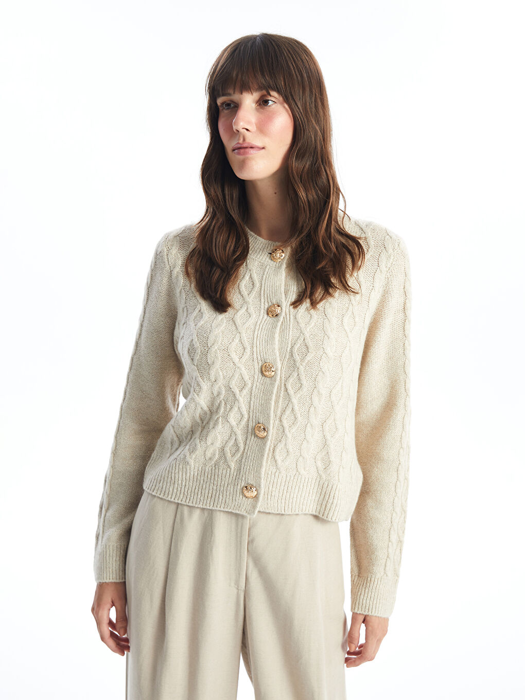 LCW Vision Crew Neck Self Patterned Long Sleeve Women's Tricot Cardigan -W48617Z8-YFT