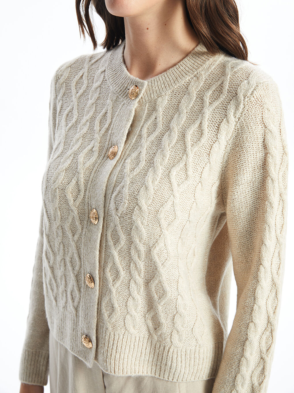 LCW Vision Crew Neck Self Patterned Long Sleeve Women's Tricot Cardigan -W48617Z8-YFT