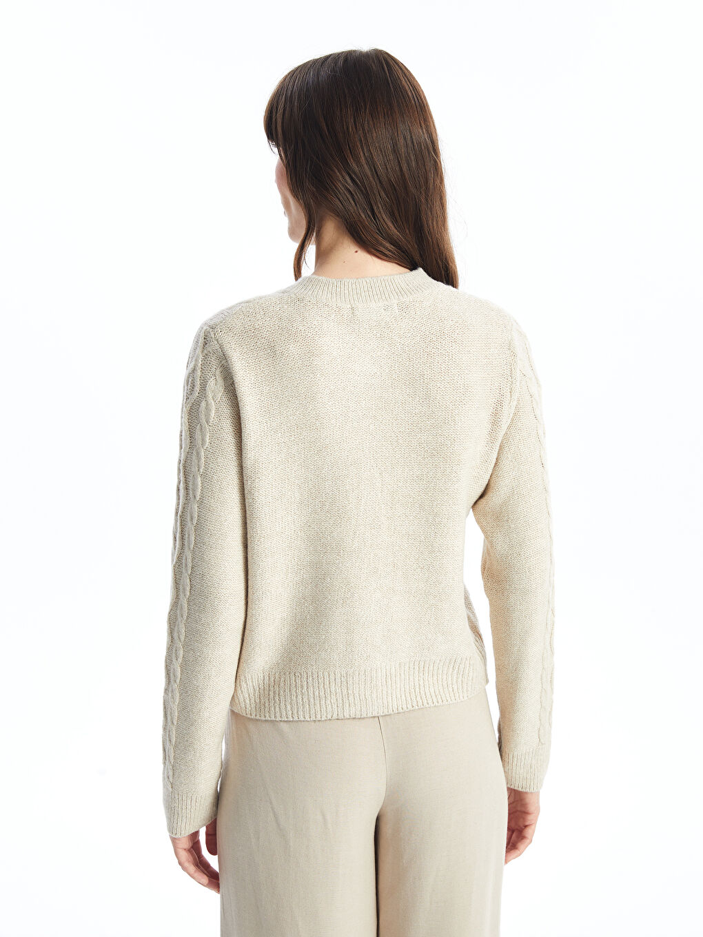 LCW Vision Crew Neck Self Patterned Long Sleeve Women's Tricot Cardigan -W48617Z8-YFT