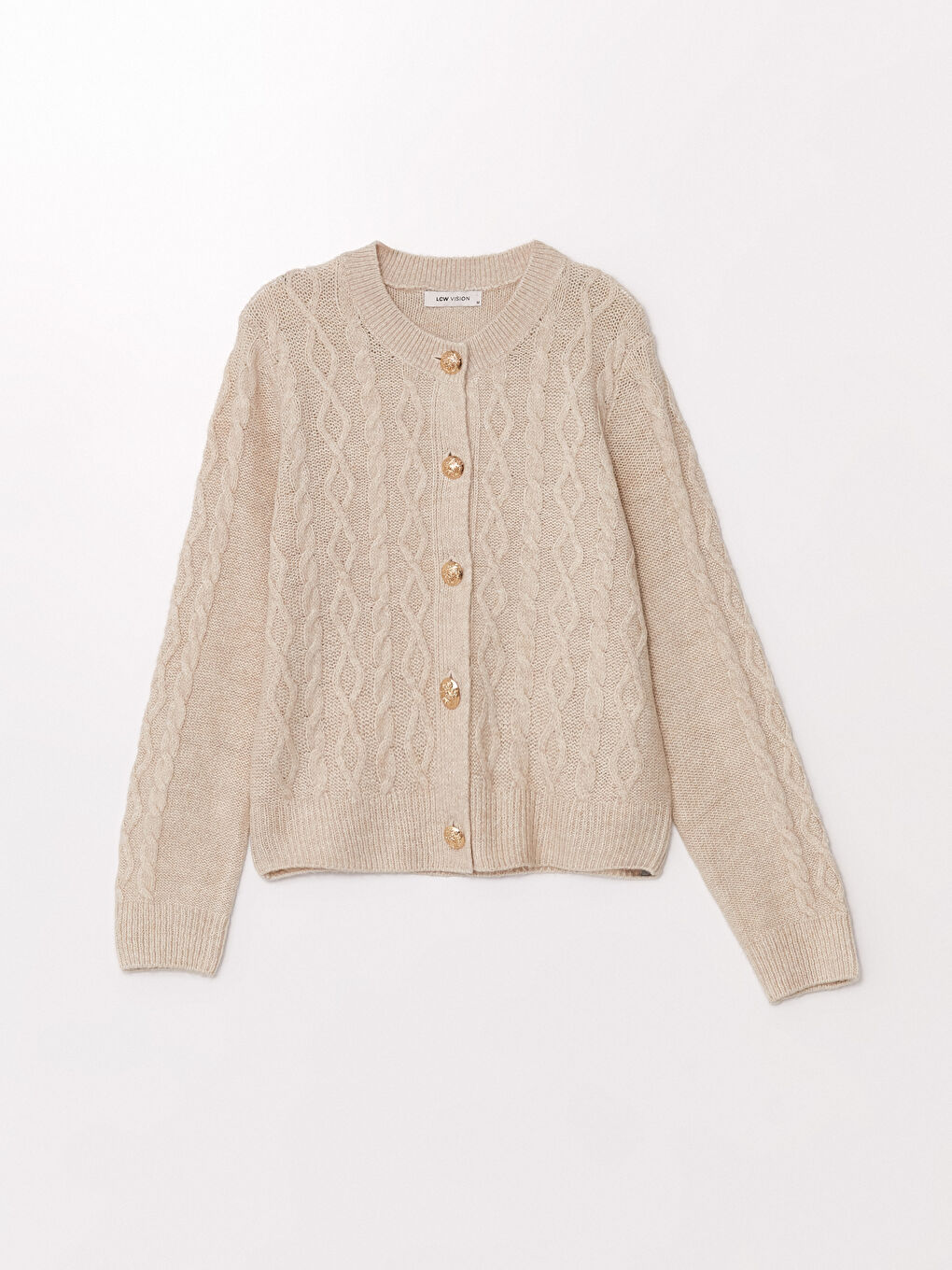 LCW Vision Crew Neck Self Patterned Long Sleeve Women's Tricot Cardigan -W48617Z8-YFT