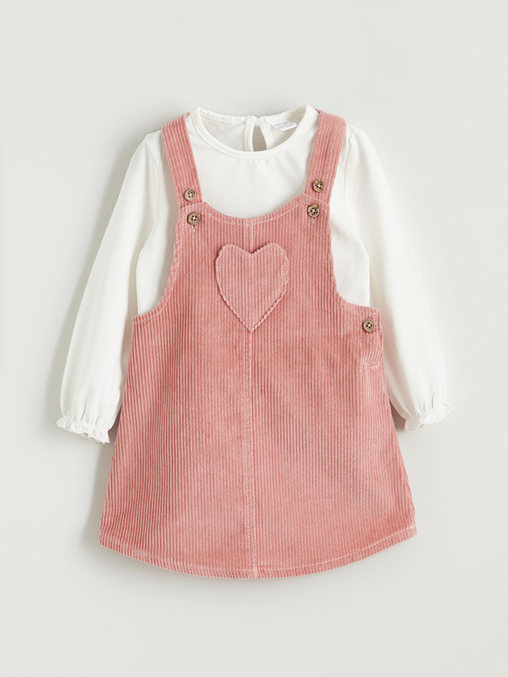 Pembe Bisiklet Yaka  Kadife Kız Bebek Bluz ve Salopet 2'li-1