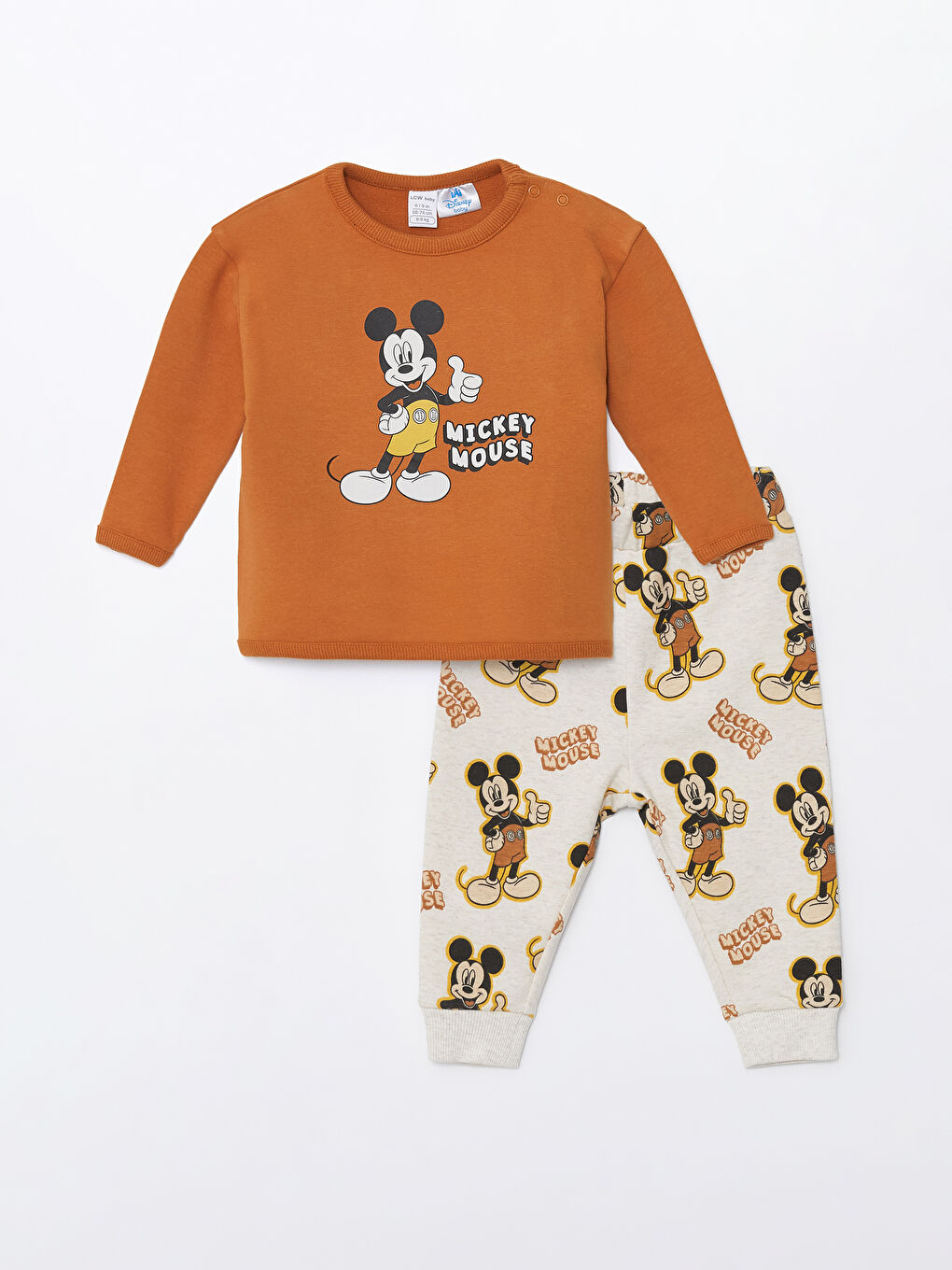 LCW baby Turuncu Bisiklet Yaka Mickey Mouse Baskılı Erkek Bebek Sweatshirt ve Eşofman Alt 2'li Takım