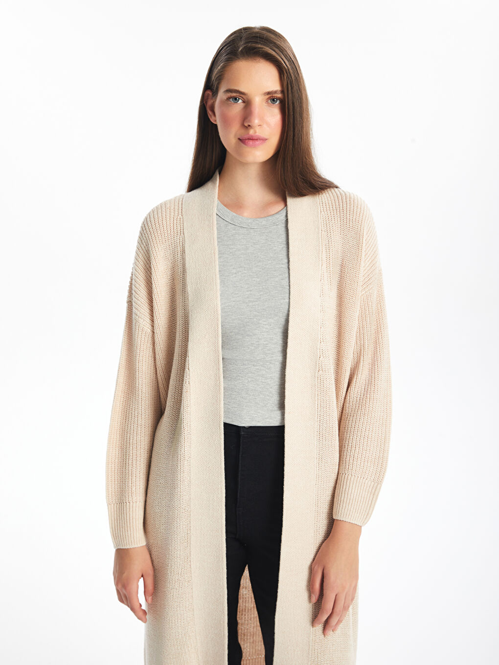 Әйелдерге арналған трикотаж өрнексіз оверсайз кардиган шаль жағалы-1