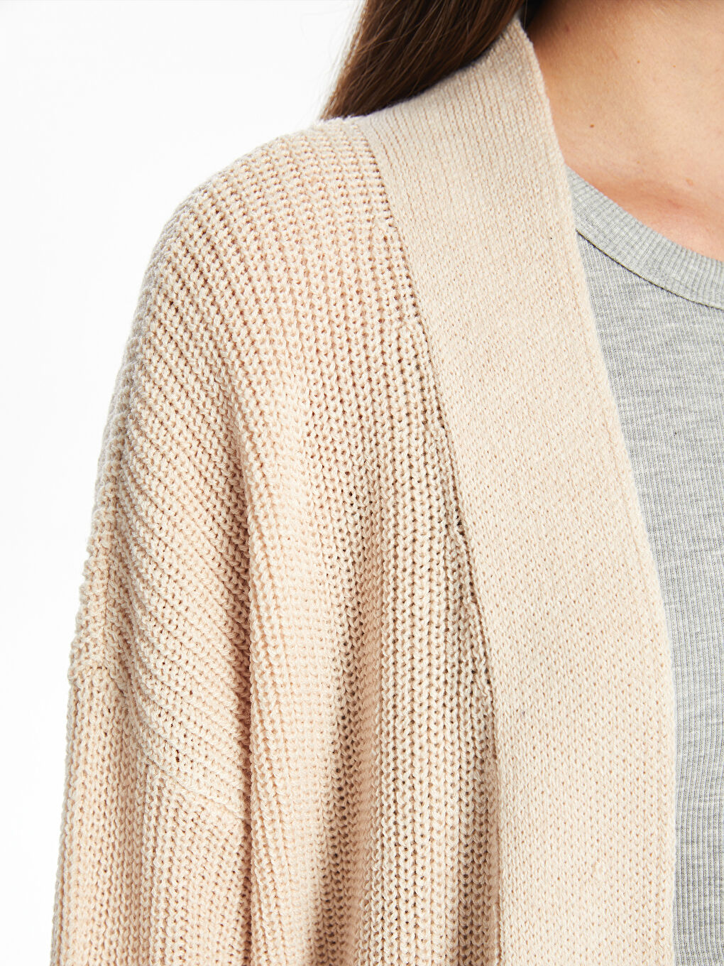 Әйелдерге арналған трикотаж өрнексіз оверсайз кардиган шаль жағалы-2