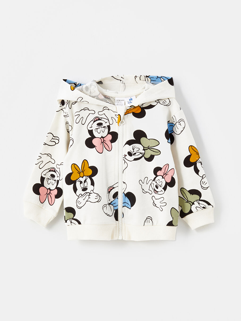 Ekru Kapüşonlu Minnie Mouse Baskılı Kız Bebek Fermuarlı Sweatshirt