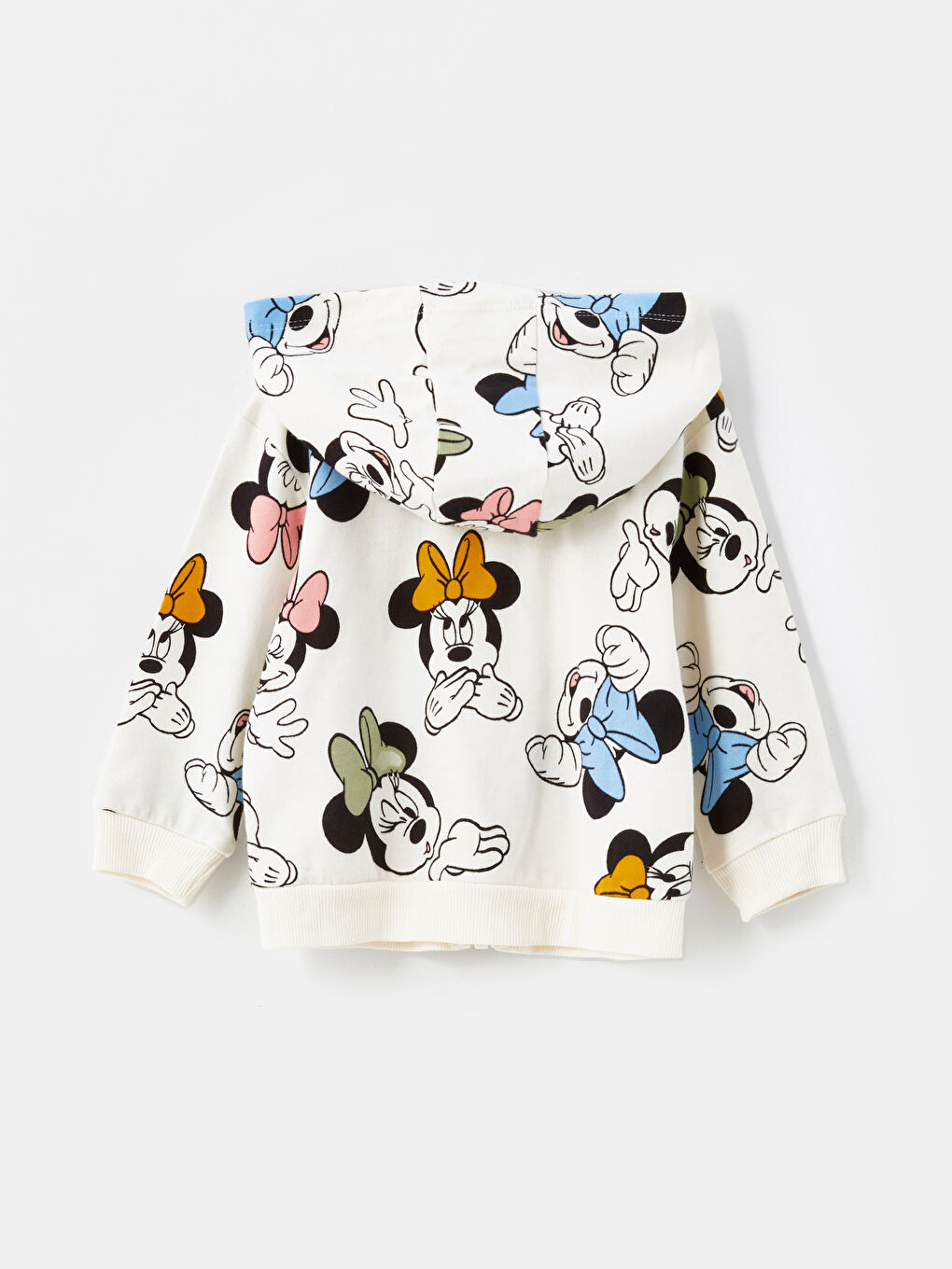 Ekru Kapüşonlu Minnie Mouse Baskılı Kız Bebek Fermuarlı Sweatshirt-1