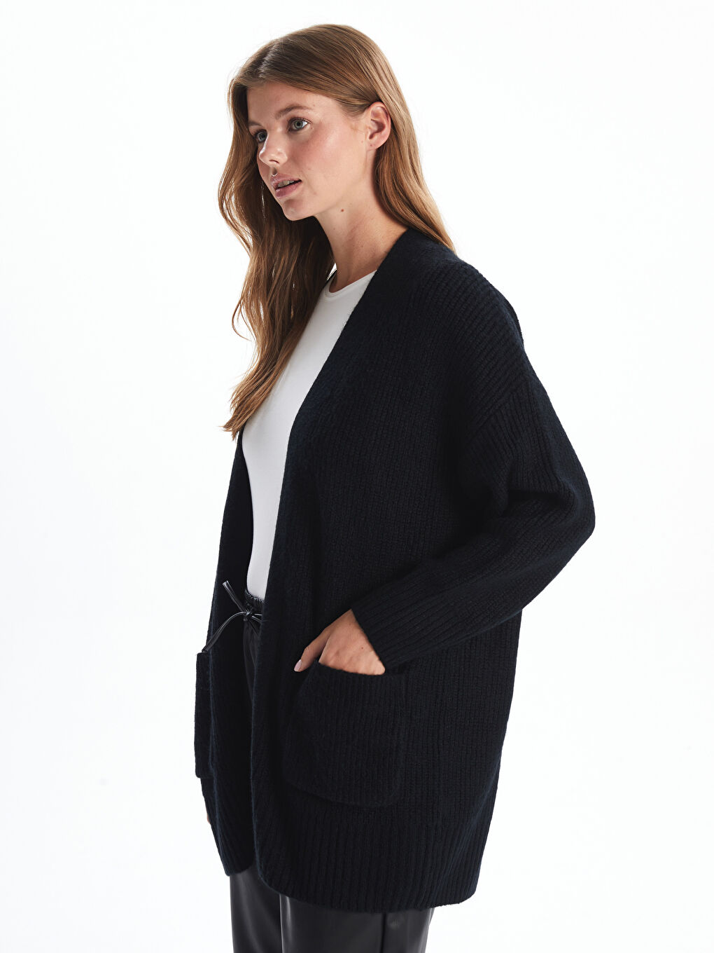 Cardigan Tricotat Supradimensionat Texturat cu Guler Șal pentru Femei