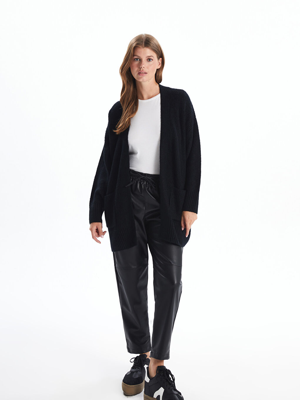 Cardigan Tricotat Supradimensionat Texturat cu Guler Șal pentru Femei-1