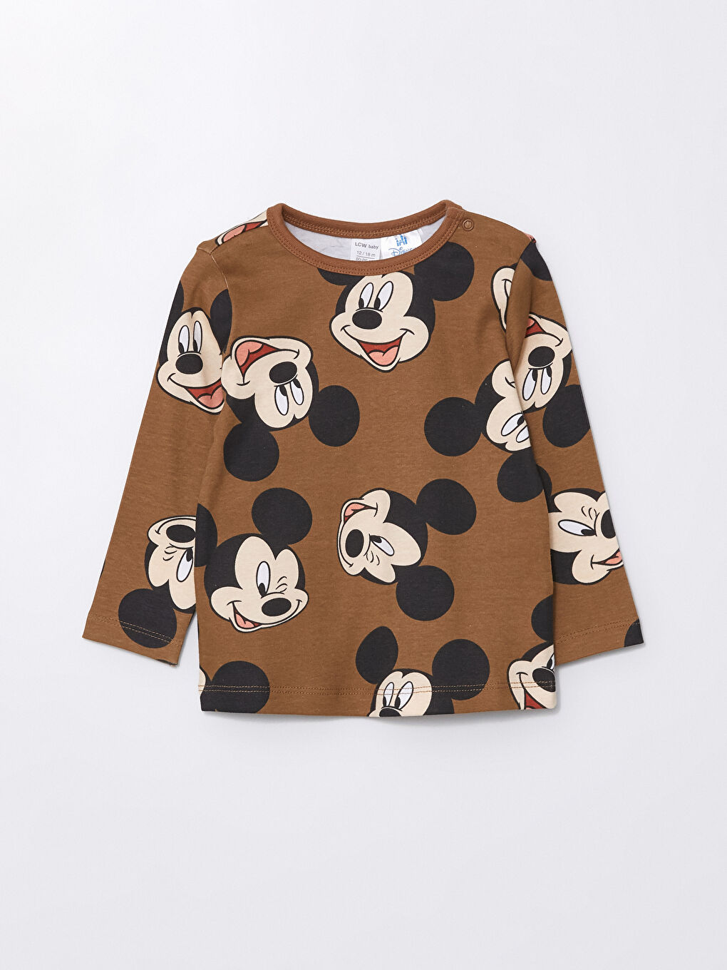 LCW baby Kahverengi Baskılı Bisiklet Yaka Uzun Kollu Mickey Mouse Baskılı Erkek Bebek Pijama Üst