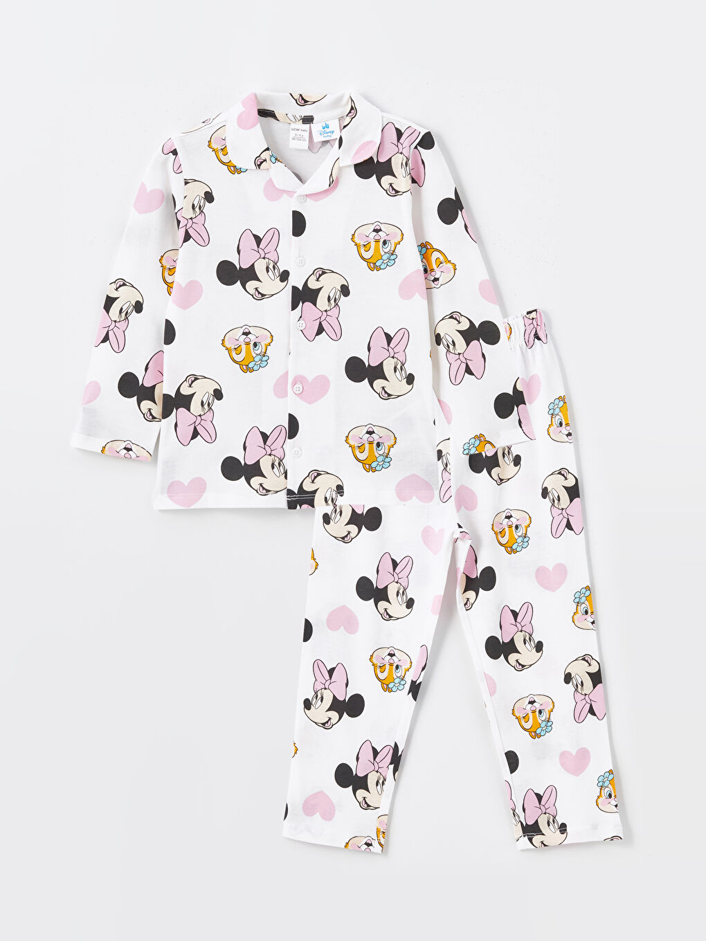 LCW baby Ekru Baskılı Polo Yaka Kısa Kollu Minnie Mouse Baskılı Kız Bebek Pijama Takım