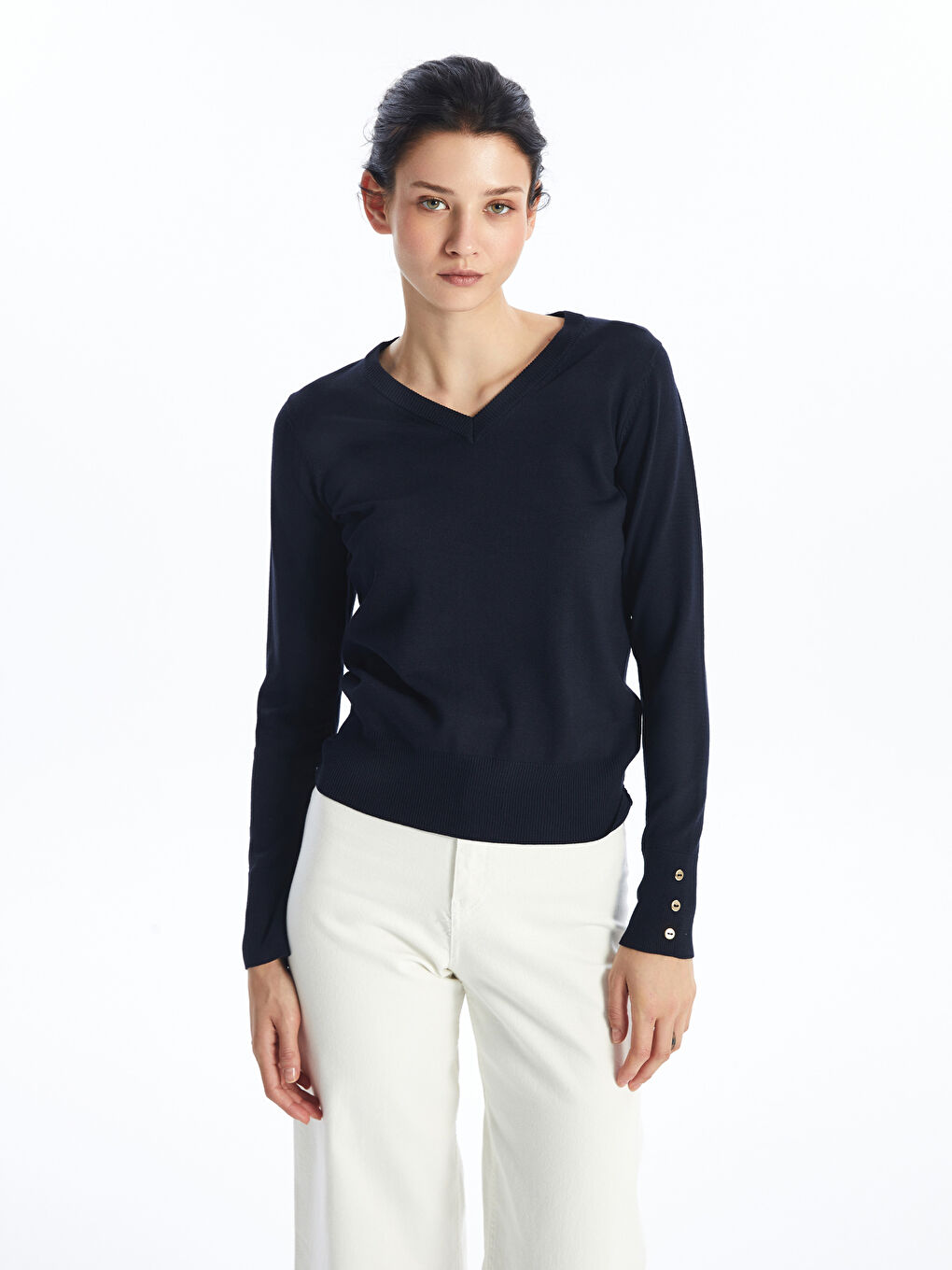 V-Ausschnitt Damen Strickpullover