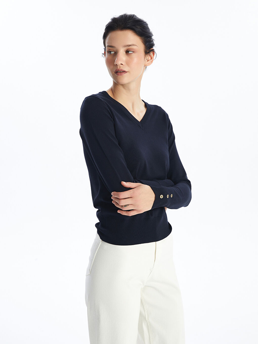 V-Ausschnitt Damen Strickpullover-1
