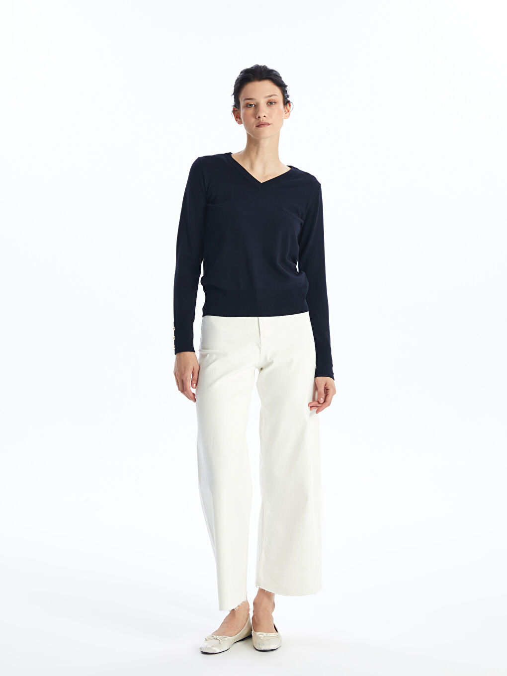 V-Ausschnitt Damen Strickpullover-2