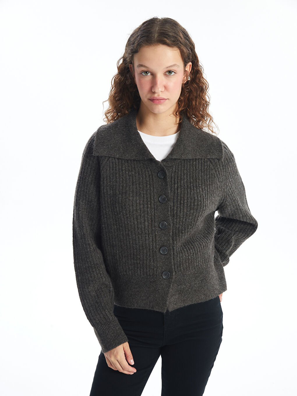 LC Waikiki Jacket Collar Straight Long Sleeve Women Knitwear Cardigan -W49155Z8-D3G