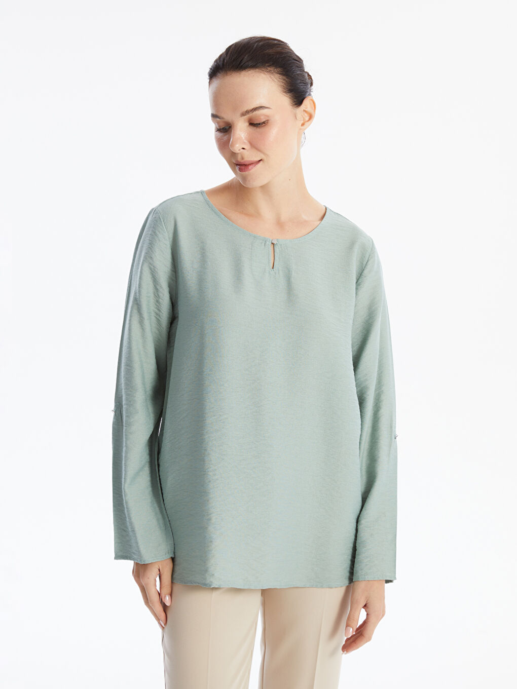 Crew Neck Plain Long Sleeve Women's Blouse -W49217Z8-GBZ