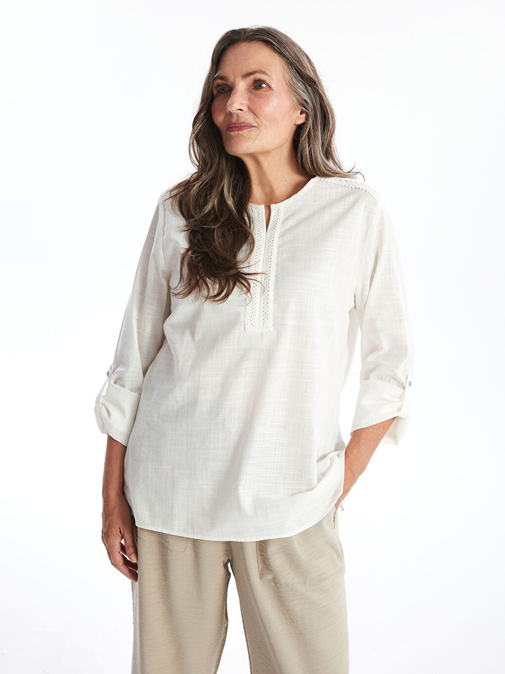 LCW Grace Kerbausschnitt Selbstgemustert Langarm Bluse für Damen -W49218Z8-EEW