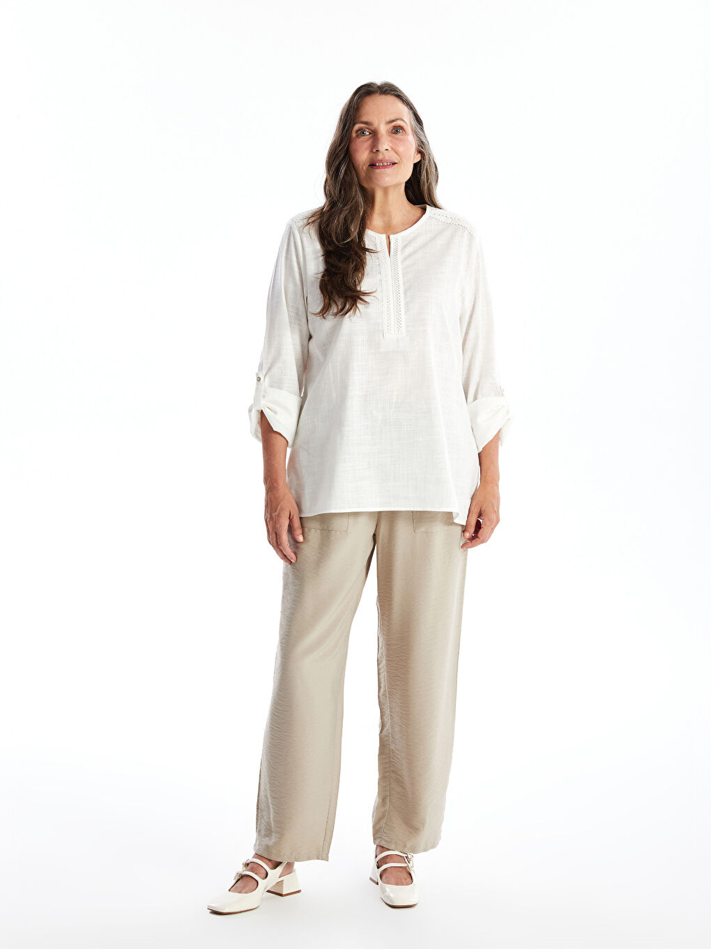 LCW Grace Kerbausschnitt Selbstgemustert Langarm Bluse für Damen -W49218Z8-EEW