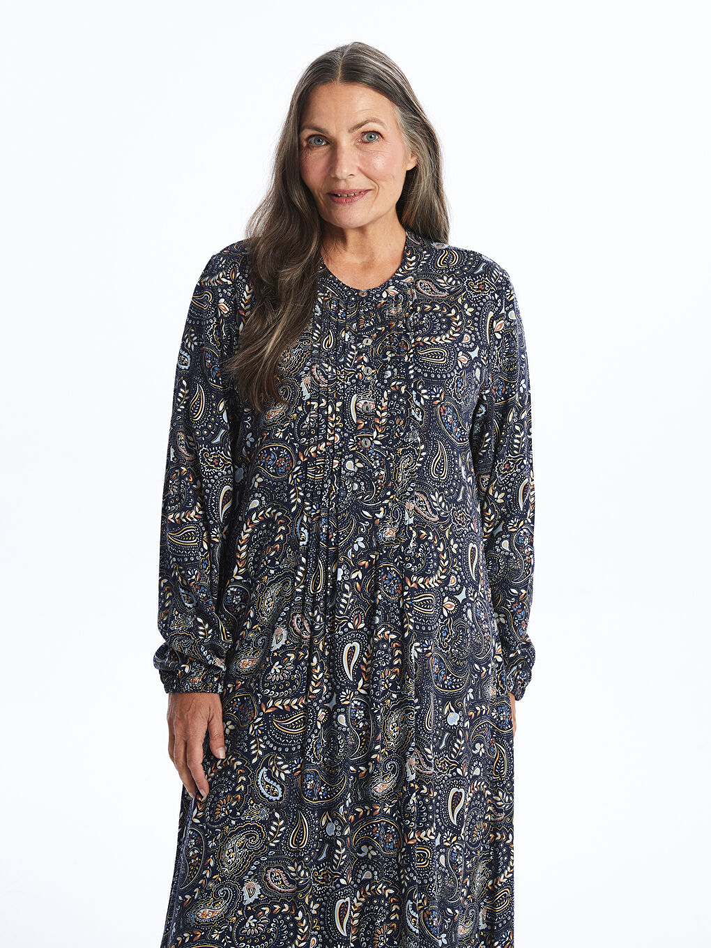 Lacivert Bisiklet Yaka Desenli Kadın Elbise-1