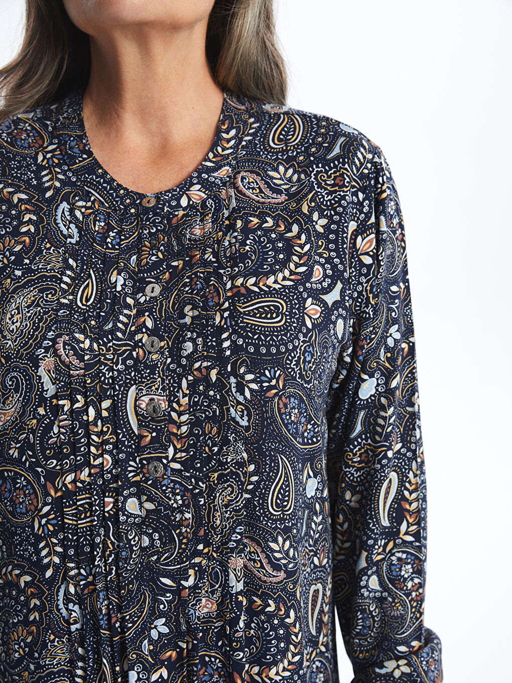 Lacivert Bisiklet Yaka Desenli Kadın Elbise-2