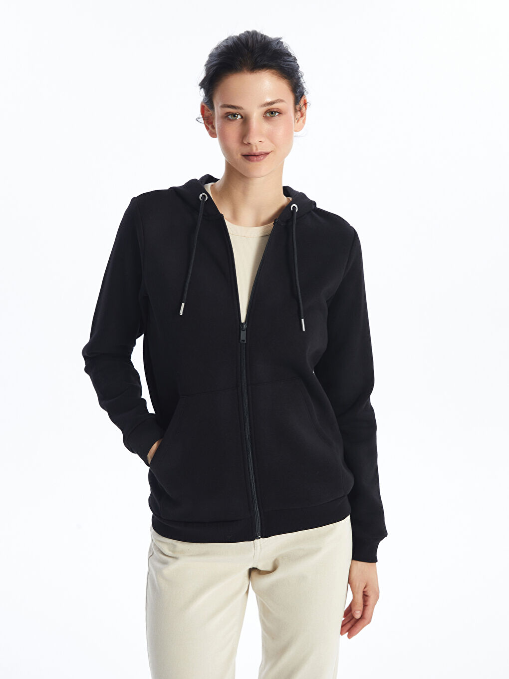 LCWAIKIKI Classic Women's Hooded Plain Zip-Up Sweatshirt -W49304Z8-CVL