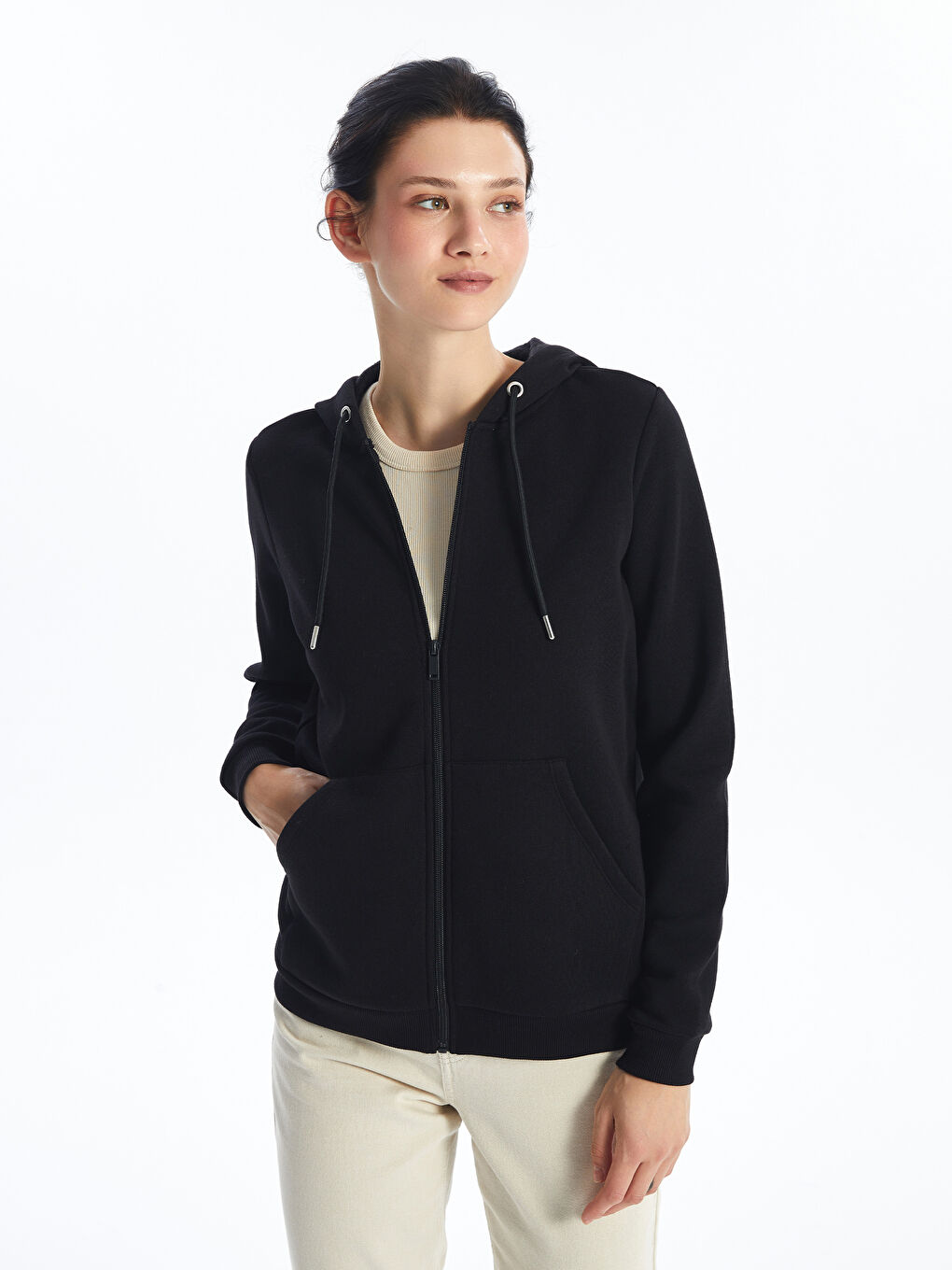 LCWAIKIKI Classic Women's Hooded Plain Zip-Up Sweatshirt -W49304Z8-CVL