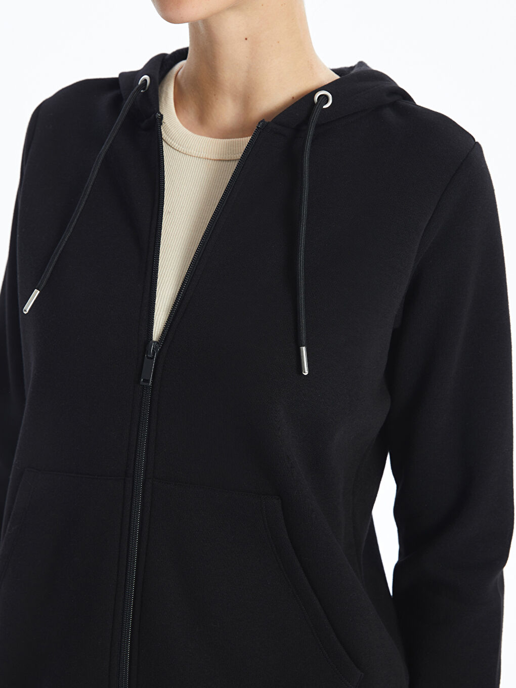 LCWAIKIKI Classic Women's Hooded Plain Zip-Up Sweatshirt -W49304Z8-CVL