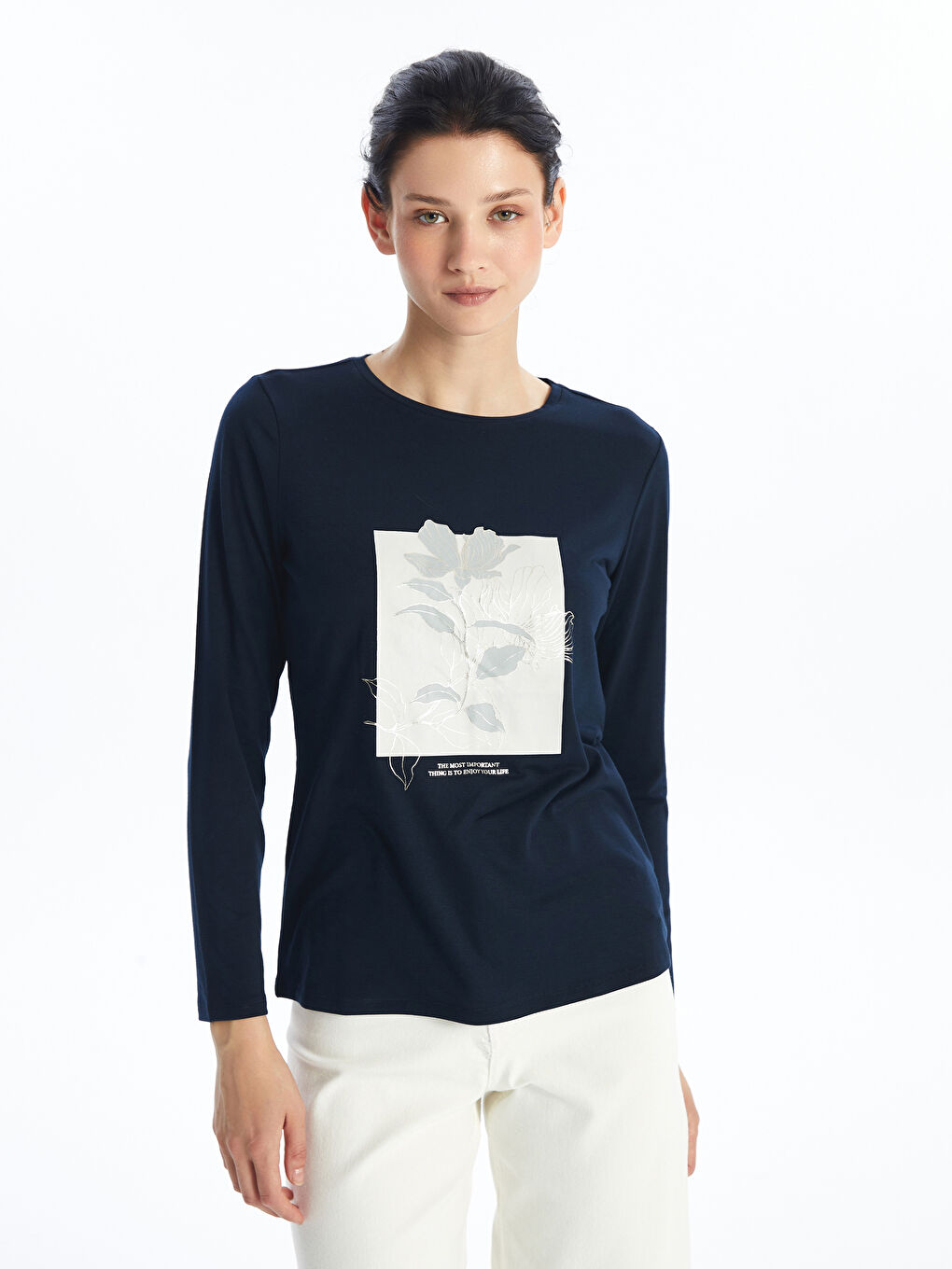 Rundhalsausschnitt Bedrucktes T-Shirt für Damen-1